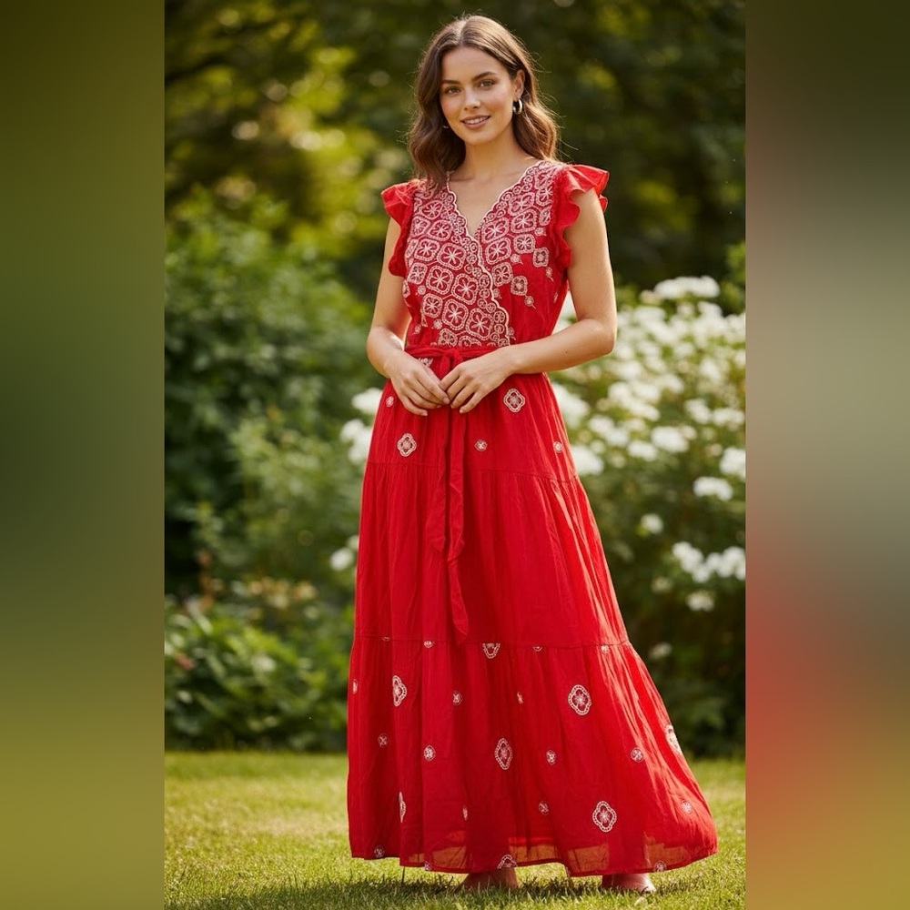 Chic Red Embroidered Maxi Dress size L